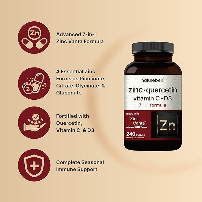 NatureBell Zinc Quercetin with Vitamin C & D3, 240 Capsules | Quercetin 1,000mg + Zinc 50mg + Vitamin C 250mg + Vitamin D3 5,000 IU | 4-in-1 Advanced Immune & Lung Support | ZincVanta Formula