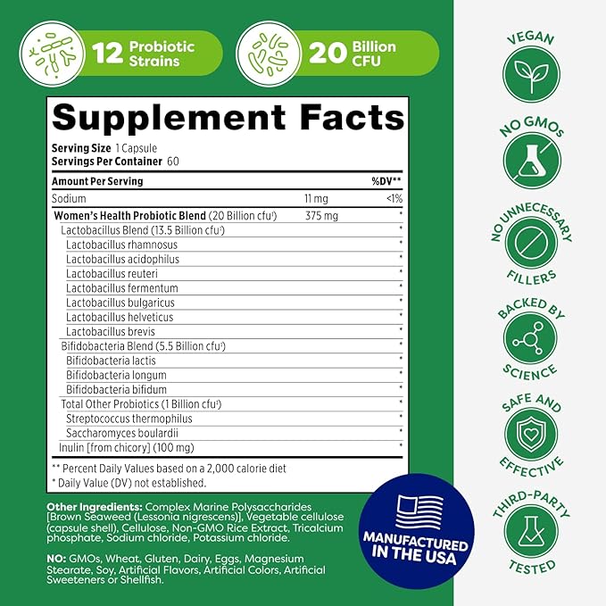 Probulin Womens Probiotic - Vaginal, UT, Gut & Immune Health with Lactobacillus Reuteri - 20 Billion CFU, 12 Probiotic Strains & Prebiotics - 60 Vegan, Gluten Free Capsules for Whole-Body Wellness