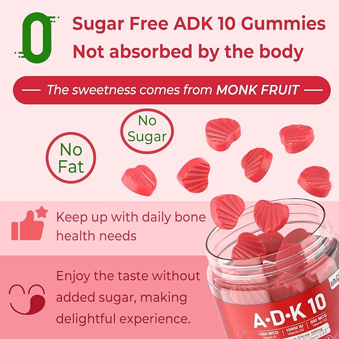 ADK Supplement - Vitamin D3 10000 IU + K2 (MK7) 500mcg + A 5000IU Gummies w/ Calcium Magnesium for Women & Men, K2 D3 Vitamin Supplement for Stronger Bone, Muscle, Vision, Immune, Sugar Free 2Packs