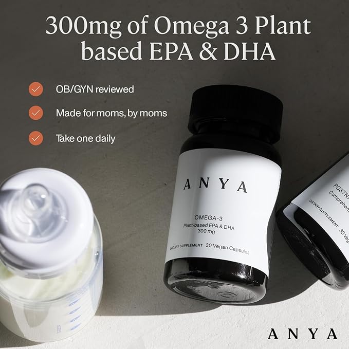 ANYA Omega-3 with 300mg of DHA and EPA, Clean Ingredients, Non-GMO, 100% Vegan, Gluten, Soy, and Dairy Free. Baby Shower Gifts & Breastfeeding, Postnatal Supplement, Lactation Support
