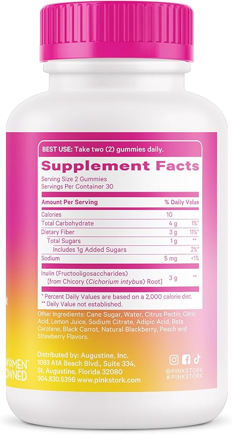 Pink Stork Prenatal Fiber Gummies for Women - 3g Prebiotic Inulin from Chicory Root - Natural Pregnancy & Postpartum Stool Softeners for Constipation & Digestive Health - 60 Vegan Fiber Chews