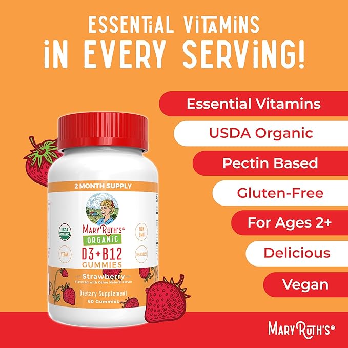 MaryRuth Organics's Vitamin D3 B12 Gummies | USDA Organic | 2 Month Supply | Vitamin D & B12 Vitamin Supplements for Adults & Kids | Bone Health | Healthy Energy Levels | Non-GMO | 60 Servings