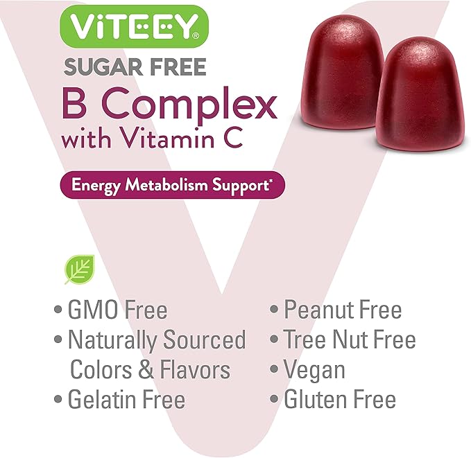 VITEEY Vitamin B Complex Gummies with Vitamin C, Sugar Free - Energy, Metabolism & Nerve Health - B6, B12, Folic Acid, Biotin - Vegan, Gelatin Free, GMO Free - Tasty Chewable Strawberry Flavored Gummy