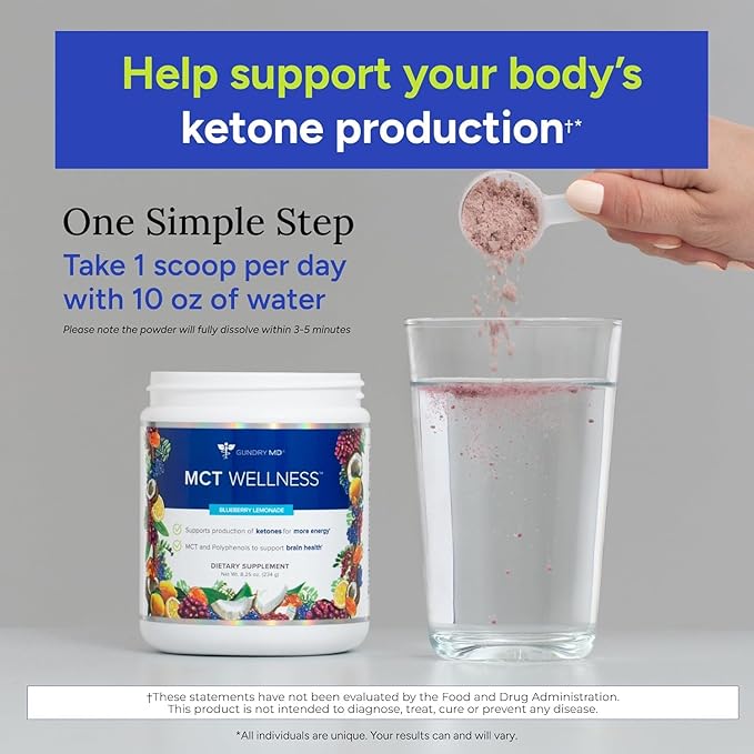 Gundry MD MCT Wellness Powder to Support Energy, Ketone Production and Brain Health, Keto Friendly, Sugar Free (90 Day Supply, Blueberry Lemonade)
