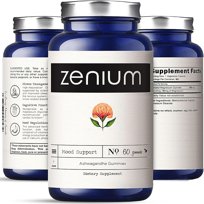 Zenium - Relieve Stress, Tension, Worry, Nervousness, & Irritability | Calm The Mind & Body | Ayurvedic | Natural Relief Supplement | Boosts Mood | Ashwagandha Gummies (Mango) | 60 Count