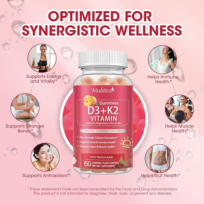 Vitamin D3 10000 IU + K2 (MK-7) 200mcg w/Calcium Magnesium Zinc Elderberry & Inulin-Highly Bioavailable-Enhanced Absorption for Immune & Bone Support- K2 D3 Vitamin Supplement-Vegan Gummies