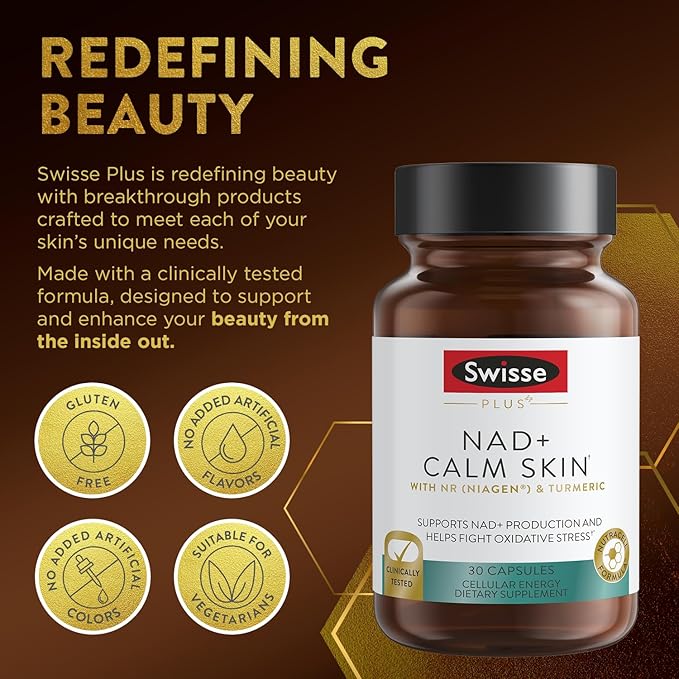 Swisse Plus NAD+ Calm Skin | Clinically Tested NAD+ Supplement | Supports Balanced, Healthy Skin | Anti-Aging Supplement for Women & Men | 30 Capsules