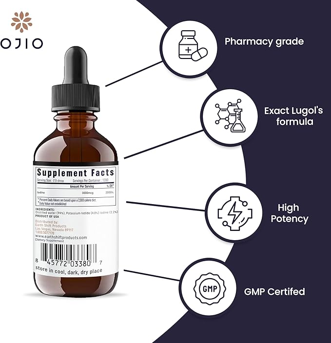 Lugols Iodine Solution 2% - 1 Year Supply - High Potency Liquid Oral Iodine Drops with Superior Absorption – Improves Overall Health & Energy for Women, Men, Kids - 2 fl Oz (Pack of 3)