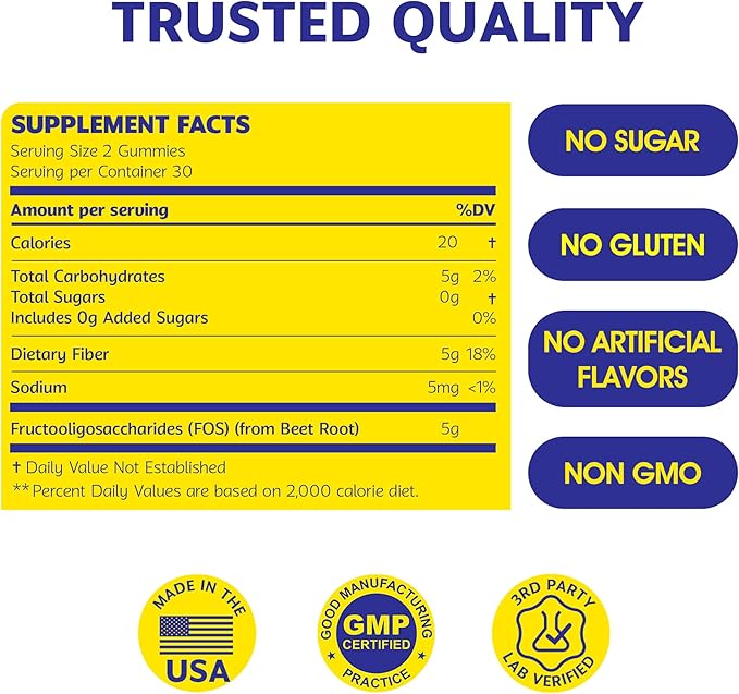 Fiber Gummy, Sugar Free, 5g Prebiotic Fiber, FOS (Fructo-oligosaccharides), for Digestive & GLP-1 Support, Non-Stick & Natural Fruit Flavored, 60ct, 1 Month Supply - Made in USA