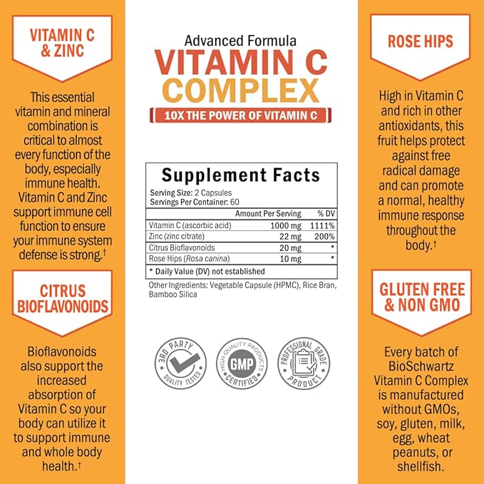 BioSchwartz Vitamin C Complex Supplement - Vitamin C 1000mg Capsules with Rose HIPS Zinc and Citrus Bioflavonoids for Immune Health, Cellular Energy, Collagen Production, 120 Count (60 Day Supply)