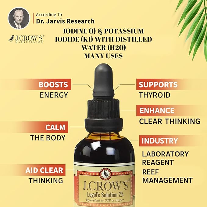 J.CROW'S® Lugol's Solution of Iodine 2% 2 oz (6 Bottles) – Premium Potassium Iodide Liquid, Supports Thyroid & Energy, Gluten &, Alcohol-Free Natural Brine Extract, No Expiration