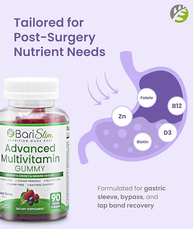 BariSlim Advanced Bariatric Multivitamin Gummies - Specially Formulated Bariatric Vitamins for Patients After Weight Loss Surgery - Supports Energy & Immune Health | Mixed Berry (90 Vegan Gummies)