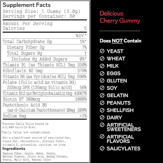 Barker Wellness Vitamin B-Complex Gummies | Energy & Metabolism Support | B1, B5, B6, B7, B9, B12 | Vegan, Sugar-Free | Cherry Flavor | 30 Gummies