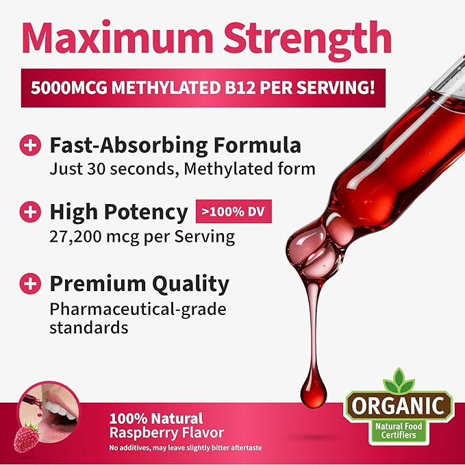 (4 Pack) Vitamin B12 and B6 Liquid Drops, B12 Sublingual Vitamin B Complex - B 12 Vitamin 5000mcg - B12 Methylcobalamin for Energy, Brain, and Heart Support with 27,200 mcg, Raspberry, 80 Servings
