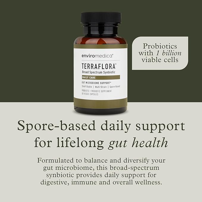 Terraflora Daily Care synbiotic of probiotics and prebiotics for Women and Men 60 ct, Soil Based, Shelf Stable, allergen Friendly Spore Based Supplement Capsules Promote Gut Health by Enviromedica