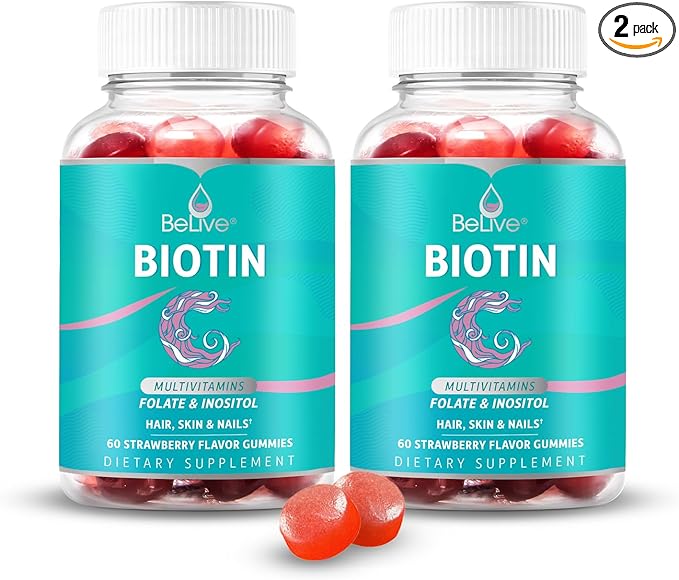 BeLive Biotin Gummies with MultiVitamins, Folate, Inositol – Supports Hair Growth, Healthy Skin & Nails – Vegan, Pectin Based – Strawberry Flavor (2)