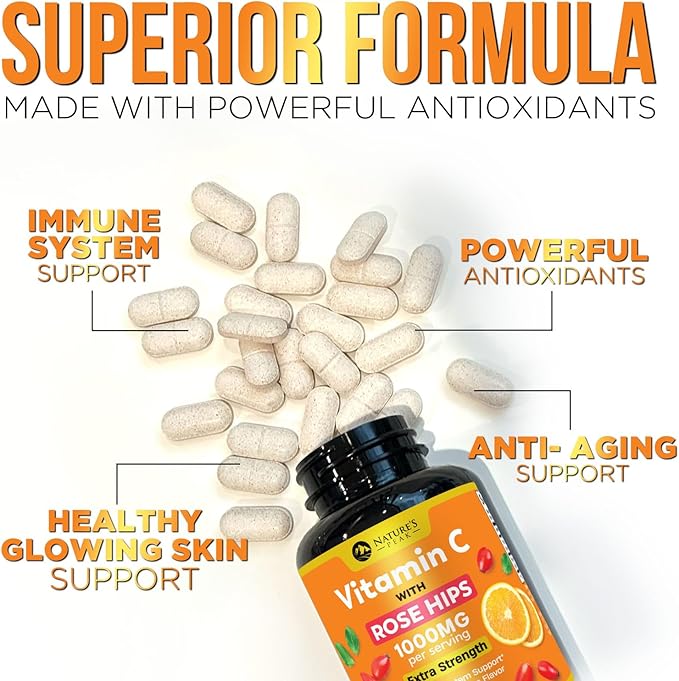 Vitamin C 1000mg Chewable Supplement - Extra Strength Immune Support Vitamin C Dietary Supplement with Rose HIPS, Nature's VitaminC Antioxidant Support, Natural, Vegan, Orange Flavor - 60 Tablets