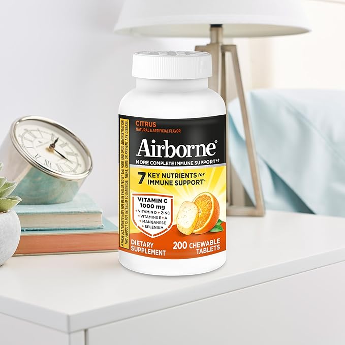 Airborne 1000mg Vitamin C with D and Zinc, Multivitamin Immune Support Supplement with Antioxidants A, C, and E, 200 Chewable Tablets, Citrus Flavor