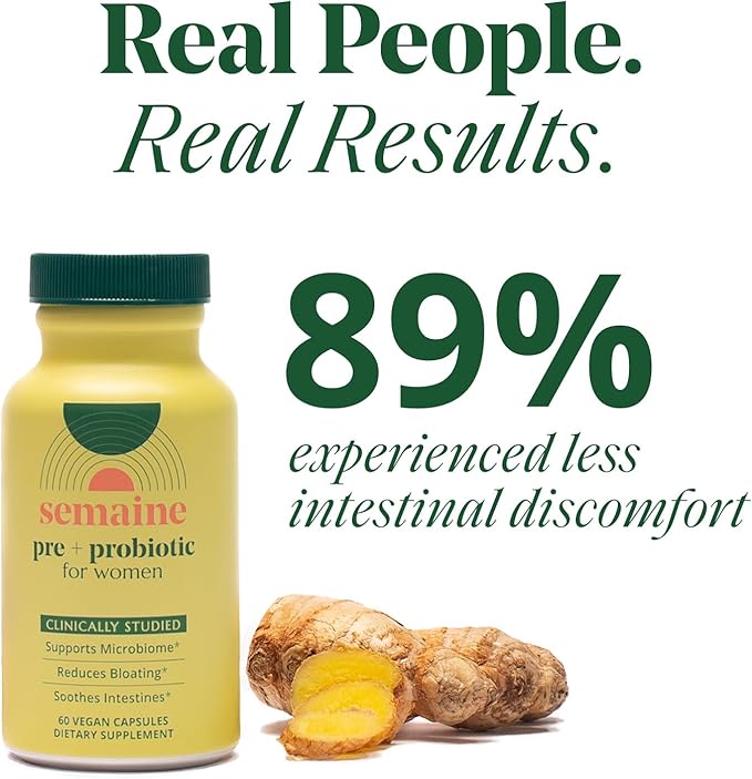 Semaine Super Powered Prebiotic + Probiotic for Women, Effective 3-in-1 Multi-Action Formula to Nourish Gut Health, Soothe IBS, Support Bloat Relief & Immunity Boost, Clinically-Studied (60 ct)