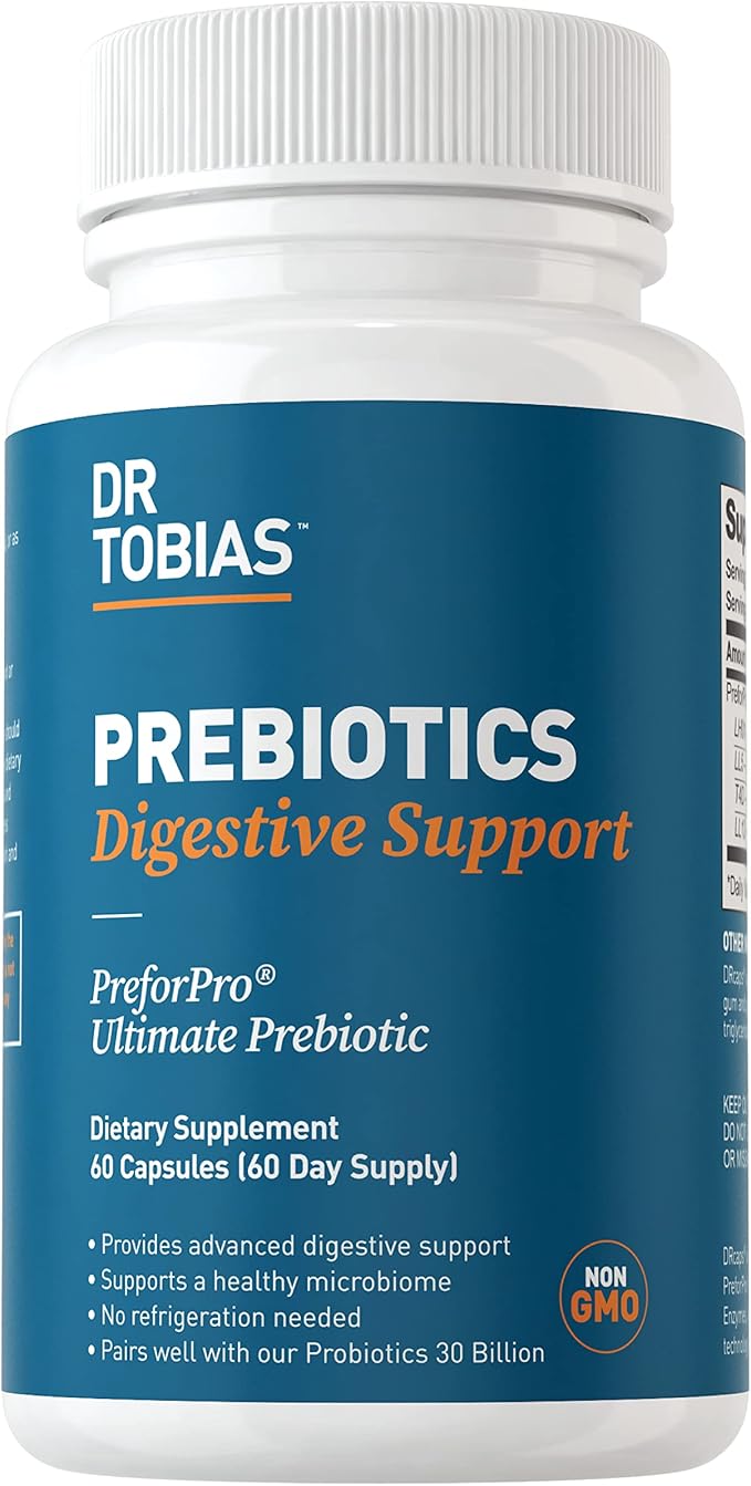 Dr. Tobias Prebiotics Digestive Support, Advanced Prebiotic Supplement for Gut Health, Immune Function & Boost for Probiotics for Women & Men, Vegan, Non-GMO, 60 Capsules, 60 Servings