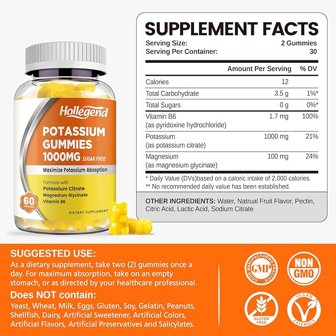 Potassium Gummies 1000mg, Maximize Potassium Absoption Blend with Vitamin B6 Magnesium, Potassium Citrate Supplement for Adults, Sugar Free, 60 Count
