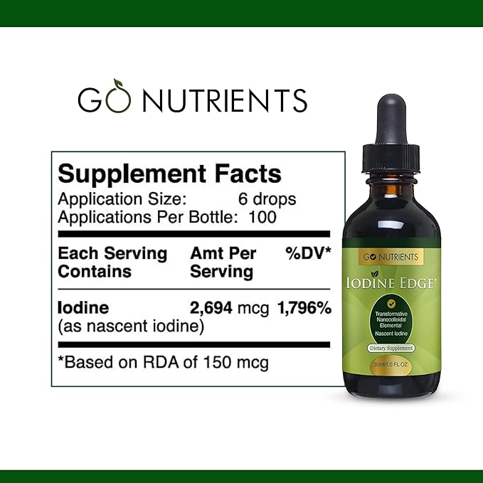 Go Nutrients Iodine Edge – Organic Nascent Iodine Liquid Supplement for Thyroid Support, Energy, Immune & Cognitive Health – High Absorption Drops - Natural Tincture for Women & Men – 1 oz