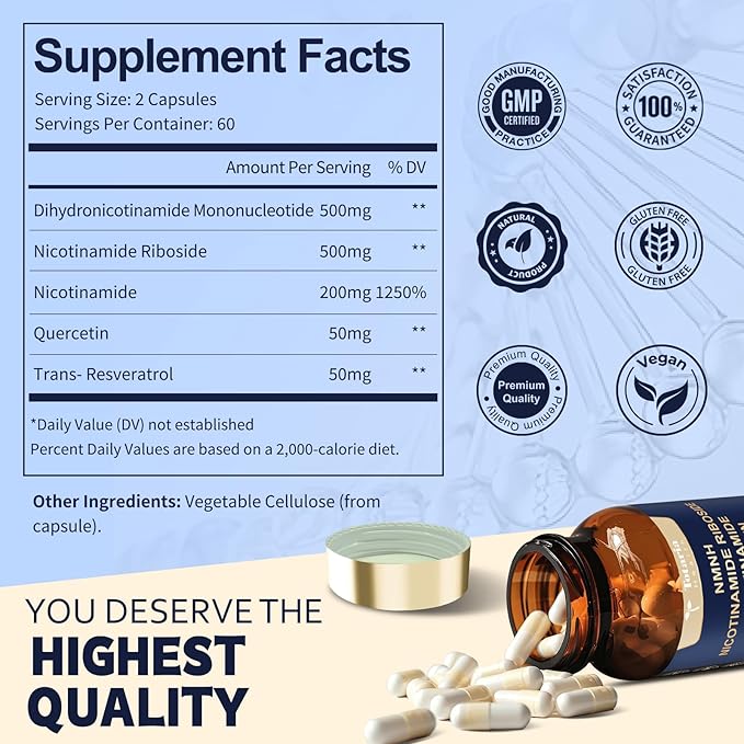 NMNH (Dihydronicotinamide Mononucleotide), NMNH Supplement w/Niacinamide (Vitamin B3), Quercetin, Trans-Resveratrol, Support NAD+, Anti-Aging, Skin Cell Health & Energy, 240 Count