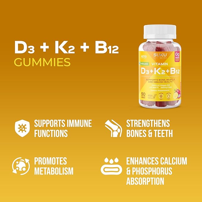 Vegan D3 + K2 + B12 Sugar-Free & Sugar-Alcohol-Free Keto 2000IU Vitamin D Gummy Supplement for Healthy Bones, Immune Function, Healthy Metabolism, Lemon Dragon Fruit Flavor (50 Gummies)