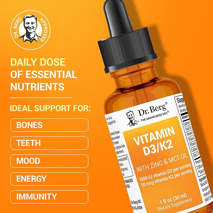 Dr. Berg Liquid Vitamin D3 & K2 Supplement with Zinc - for Bone, Teeth, Mood & Immune Health* - Vitamin D3 & K2 Drops for Adults - 1 fl oz