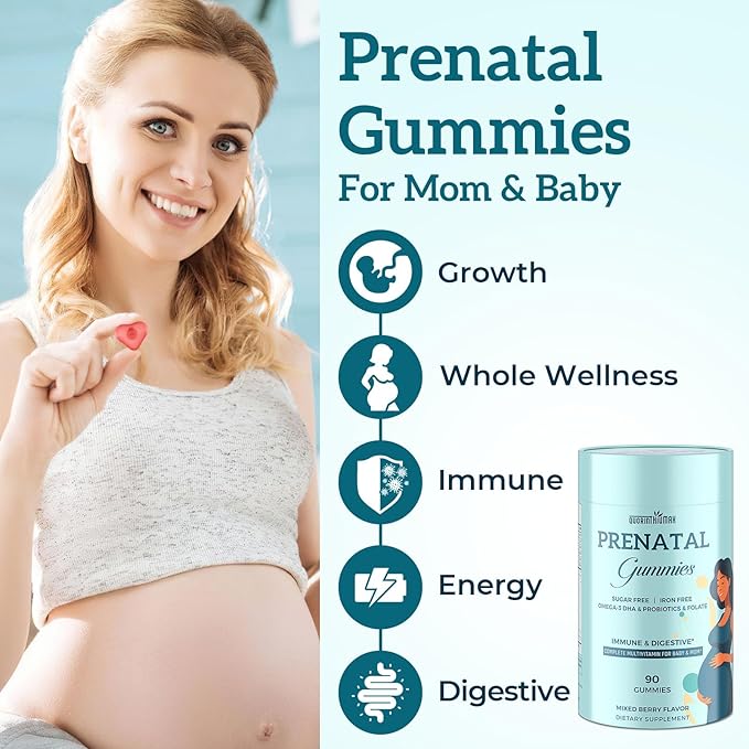 Prenatal Gummies Sugar Free 180 Count - Organics Prenatal Vitamins for Women with Folate, DHA & Probiotics - Iron Free Prenatal Vitamin Gummies for Immune & Digestive - 2 Bottles