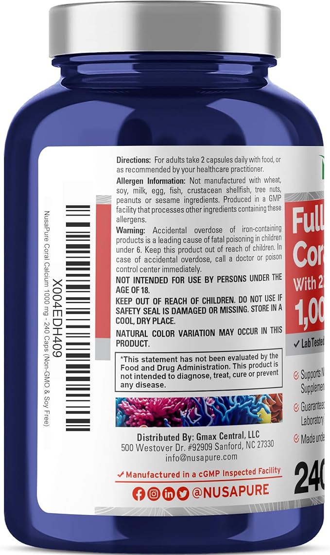 NusaPure Coral Calcium 1000 mg - 240 Caps (Non-GMO & Soy Free)