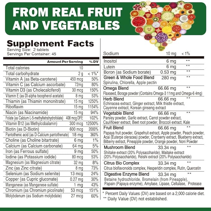 Vegan Whole Food Multivitamin with Iron, Daily Multivitamin for Men and Women, Methylated Multi Vitamins, B-Complex, Fruits & Vegetables, Enzymes, Omegas, Mushroom, Non-GMO, 90 Count
