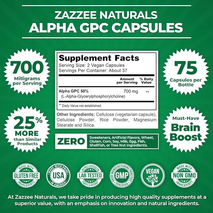 Zazzee Extra Strength Alpha GPC Choline, 700 mg per Serving, 75 Vegan Capsules, 100% Pure Pharmaceutical Grade, 100% Vegetarian, Standardized for Potency and Purity, All-Natural and Non-GMO