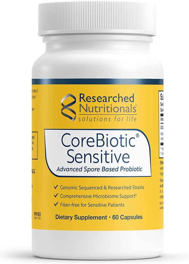 Researched Nutritionals CoreBiotic Sensitive - Vegan Probiotics for Low FODMAP Diet - Spore Based Probiotic Supplement to Support Microbiome & Gut Health - Researched Strains (60 Capsules)