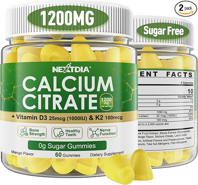 Calcium Citrate Gummies 1200mg with Vitamin D3 K2, Chewable Calcium Supplements for Women & Men, High Potency Support B0ne, Te*th, Strength & Immune Health, Mango Flavor, Non-GMO, Sugar Free, 120 Cts
