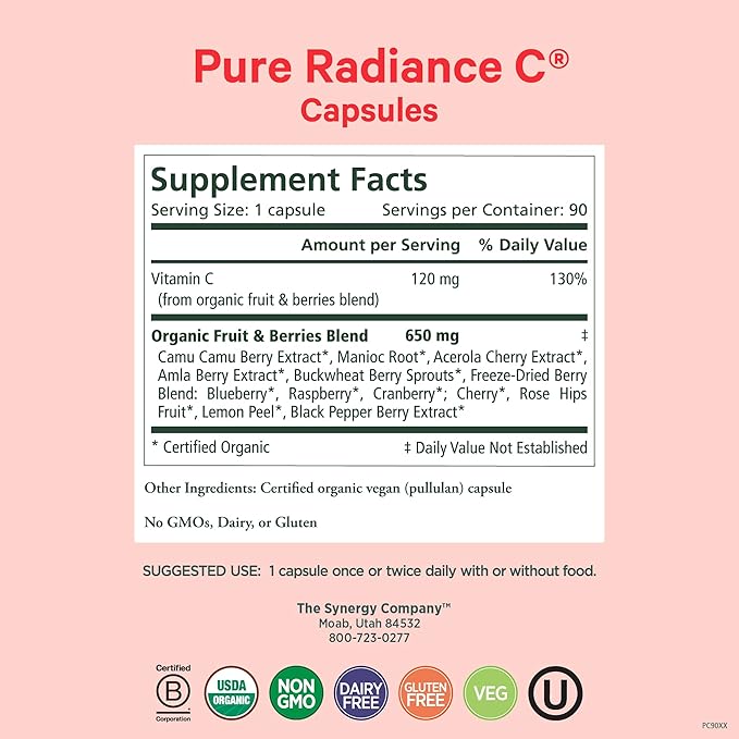 PURE SYNERGY Pure Radiance C – Organic Vitamin C Capsules | 100% Whole Food Supplement, Non-GMO, Camu Camu Extract with Natural Immune & Collagen Support – 90 Capsules