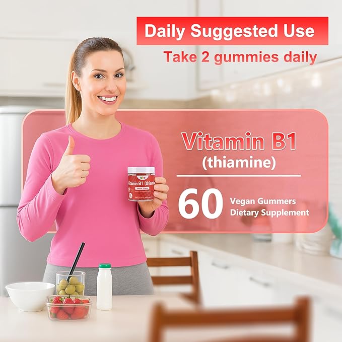 Vitamin B1 Gummies 300mg for Adults & Kids,Chewable Thiamine B1 Supplement with 150mg Magnesium,Nervous System Healthy Energy,Natural Peach Flavor,Non GMO,Vegan 60 Count Sugar-Free 1-Month Supply1