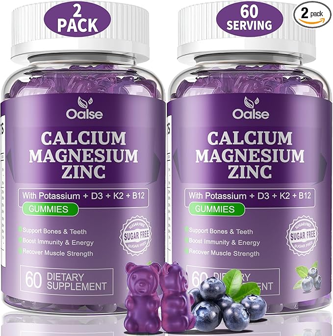 (2 Pack) OALSE Calcium Magnesium Zinc Gummies with Vitamin D3 & K2-High Absorption Magnesium Glycinate-Muscles, Immune & Sleep Support-Sugar Free- Blueberry Flavored-120 Counts