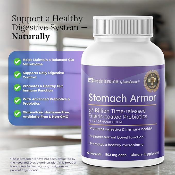 Stomach Armor - Shelf Stable Pre and Probiotic - Liposomal Colostrum-LD Enhanced. Beneficial Stains Colonize and Promote Gut Health, Designed for Adult Women and Men
