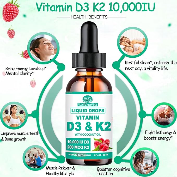 D3 K2 Vitamin 10000iu, Liquid Drop Vitamin D3 With K2 (MK-7)200mcg Coconut Oil, 6X Stronger Than D3 K2 Sofegels, Magnesium Zinc for Absorption -K2 D3 Vitamin Supplement for Joint Teeth & Bone Health