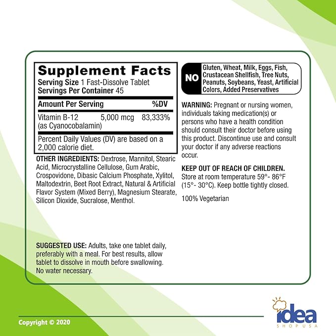 Vitamin B12 5000 mcg Fast Dissolve Tablets, 45 Count ā Extra Strength for Energy & Metabolism Support ā Natural Cherry Flavor, Gluten-Free ā Sublingual Supplement + Better Idea Guide Included