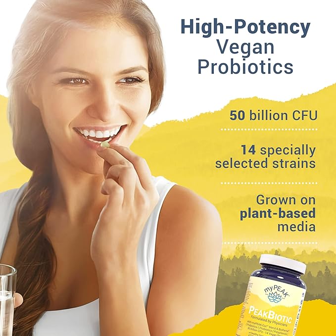 PeakBiotic: The Ultimate Vegan Synbiotic with 50 Billion CFU Probiotics Prebiotics Postbiotics Modbiotics and Gut Lining to Enhance Digestion, Skin, and Mood with 2-Month Supply, 60 Capsules