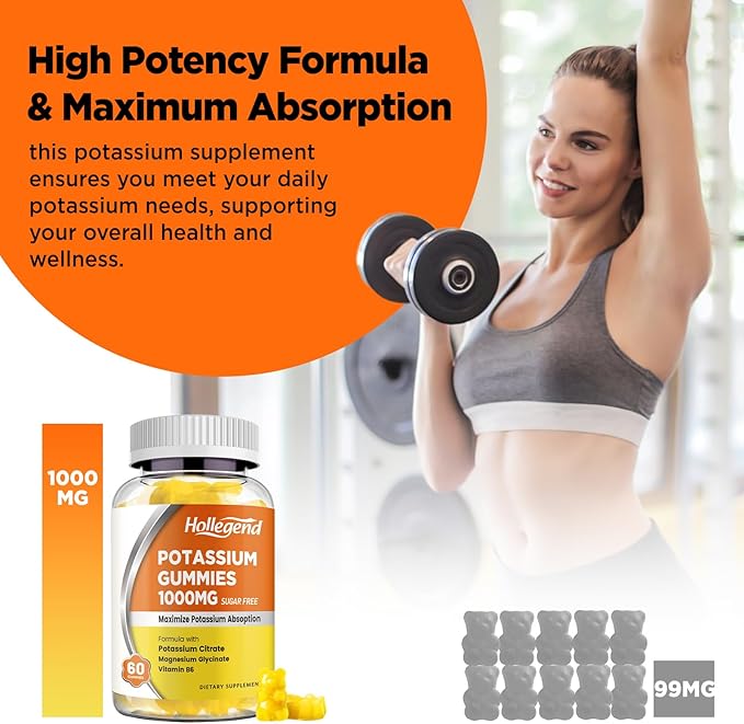 Potassium Gummies 1000mg, Maximize Potassium Absoption Blend with Vitamin B6 Magnesium, Potassium Citrate Supplement for Adults, Sugar Free, 60 Count