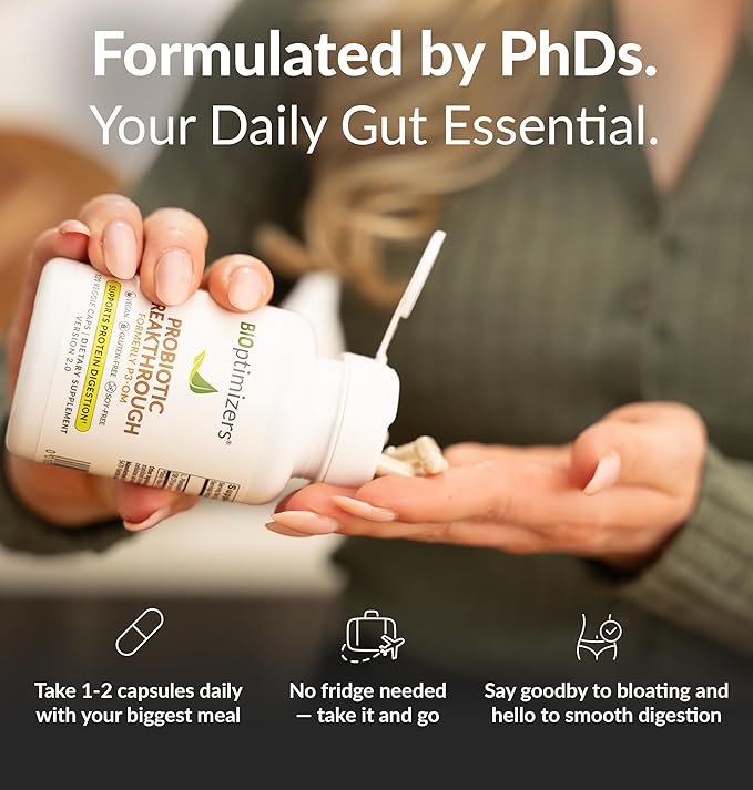 BiOptimizers Probiotic Breakthrough – Lactobacillus Plantarum OM Probiotics & Prebiotics Health Supplement for Gut, Digestive & Immune Support Probiotics for Women Men Elderly– 120 Vegan Capsules