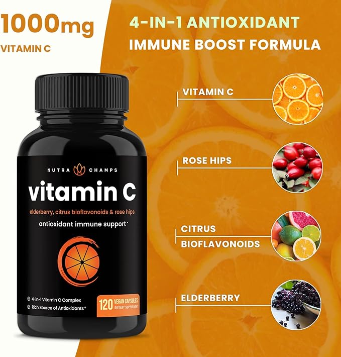 NutraChamps Vitamin C 1000mg with Rose HIPS, Vitamin C Supplement with Elderberry & Citrus Bioflavonoids, Kids Immune Boosting Supplement, 500mg Vitamin C Capsules Pill