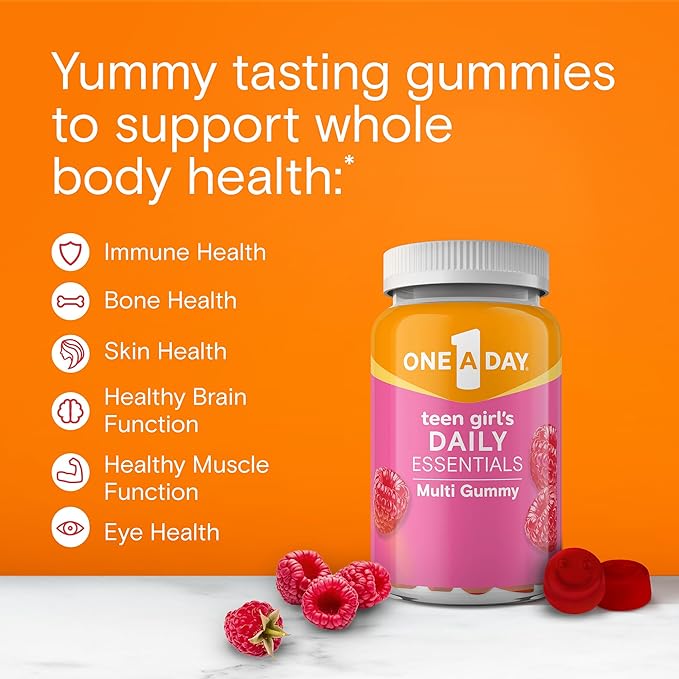 One A Day Teen Girl’s Daily Essentials Multivitamin Gummies, Teen Girl Multivitamins with Biotin, Vitamin B12 and B6, Vitamin C, Raspberry Natural Flavor, 120 Gummies
