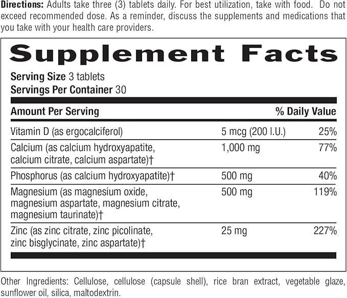 Country Life Calcium Magnesium Zinc with Vitamin D3 and L-Glutamic Acid, Dietary Supplement for Bone Support, Certified Gluten Free, 1000mg/500mg/25mg, 90 Tablets