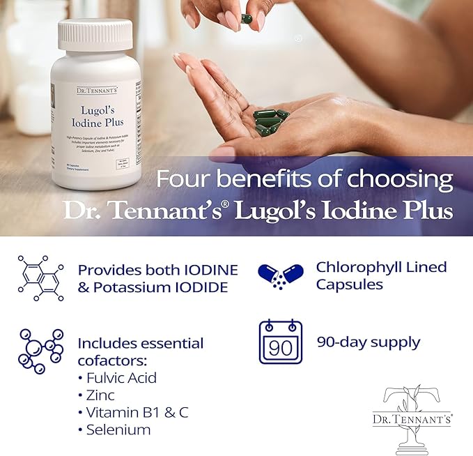 Dr. Tennant's Iodine Supplement Plus | Lugol's Iodine & Potassium Iodide with Essential Co-Factors Selenium, Zinc & Fulvic Acid | Supports Thyroid & Breast Health | 90 Capsules