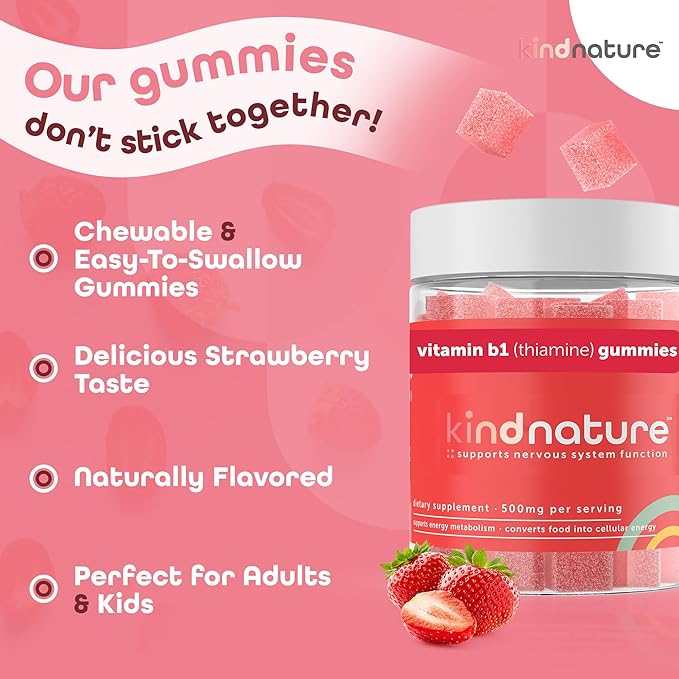 kindnature Vitamin B1 Gummies 500mg – High Potency Thiamine Supplement for Energy, Focus & Nervous System – Vegan, Non-GMO Chewable B1 Vitamins for Adults & Kids – Natural Strawberry Flavor – 60 Ct