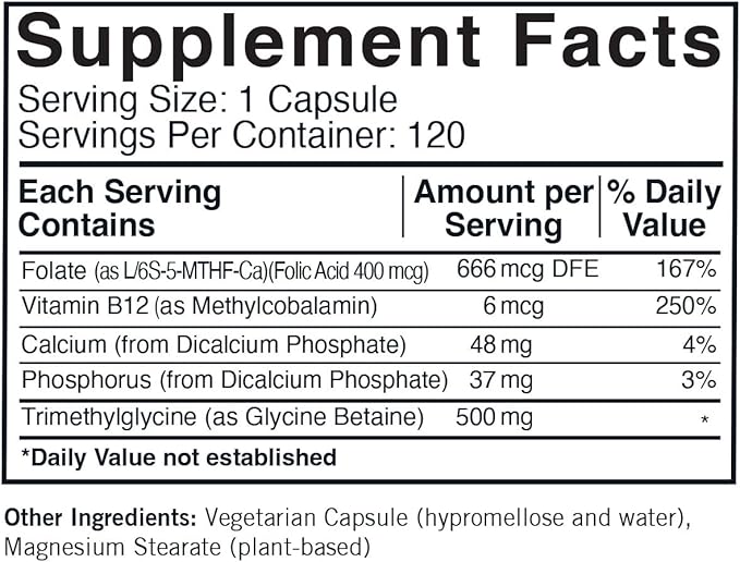 TMG (Trimethylglycine) 500 mg w/Folinic Acid & B12 Capsules - Hypo 120 capsules